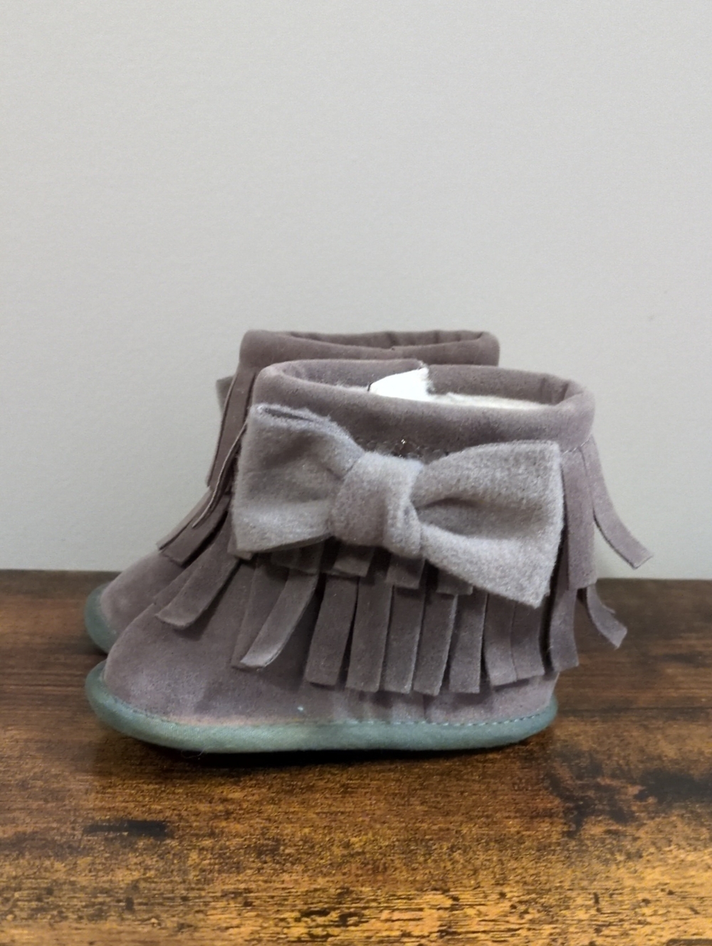 Grey Suede Fringe Bow Moccasin Booties - 6-12 months
